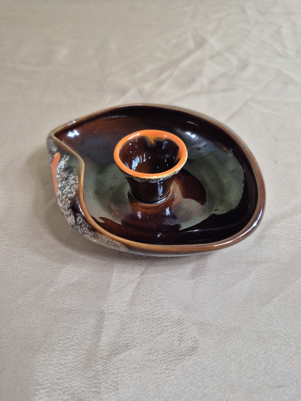 Vintage Mid-Century Studio Pottery Candle Holder Brown Orange Drip Glaze